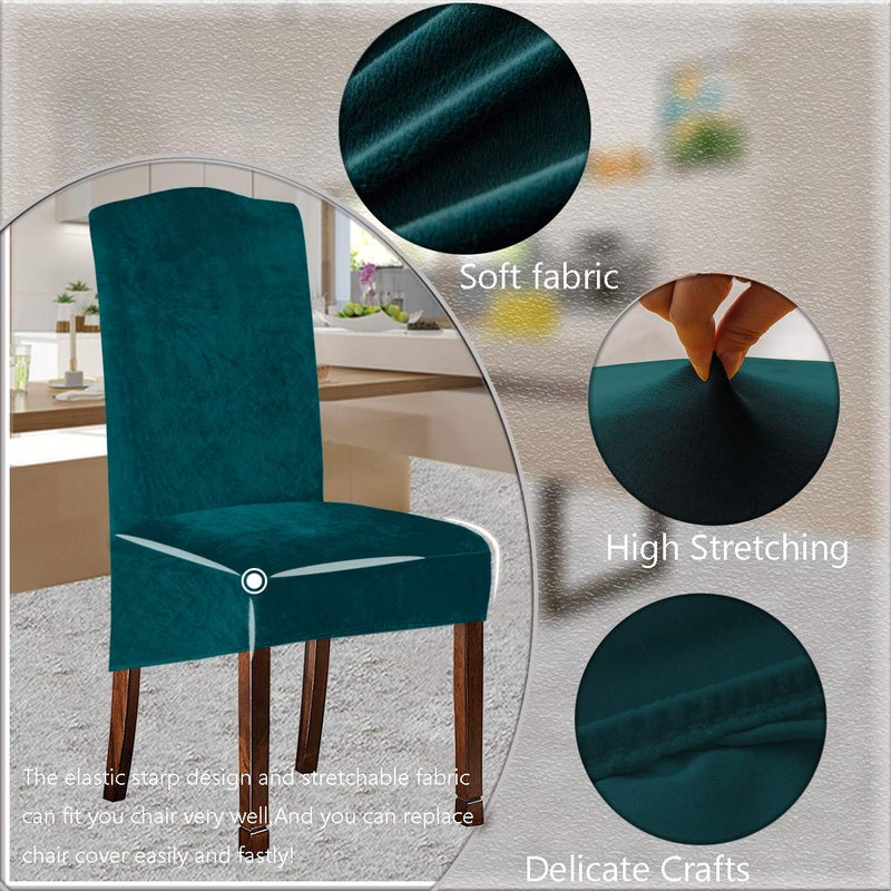 KELUINA Velvet Plush XL Dining Chair Covers, Stretch Chaircover, Spandex High Chairs Protector Covers Seat Slipcover with Elastic Band for Dining Room,Wedding, Ceremony, Banquet (Teal Green, Set of 4) - Image 2